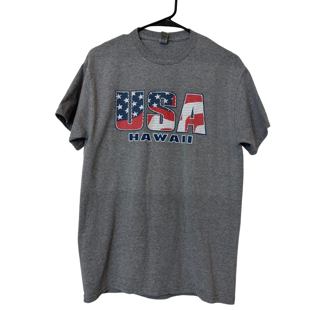 Gildan T-Shirt Mens Medium Grey Excellentβ USA Hawaii Patriotic Graphic Tee